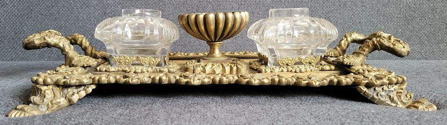 An antique Desktop Inkwell Stand with two crystal inkwells