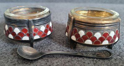 Two vintage nickel silver salt bowls with multicolored enamel