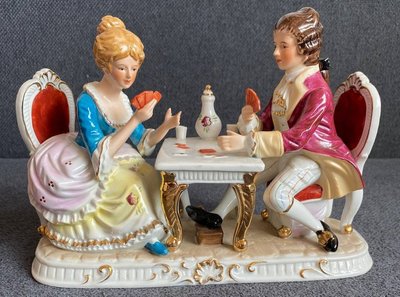 Porcelain Figurine Couple Man and Woman Playing Cards