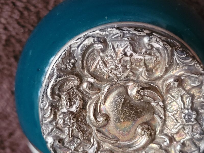 Very rare Antique English Edwardian solid sterling topped hand painted porcelain pot,
