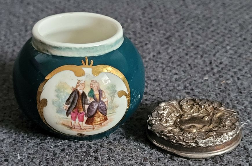 Very rare Antique English Edwardian solid sterling topped hand painted porcelain pot,