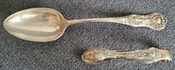Antique silver-plated spoon and sugar tongs