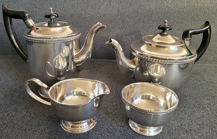 Vintage Silver-plated Tea Set Coffee Pot, Teapot, Sugar Bowl and Creamer and Tray