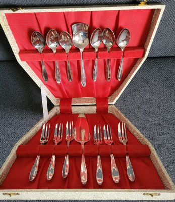 Vintage English dessert set of silver-plated spoons , forks, sugar spoon and dessert spatula