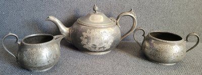 Antique tea set late 19th - Early 20th century with handmade engraving.