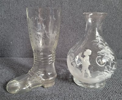 Antique beautiful glass decanter/vase and glass in the shape of a boot