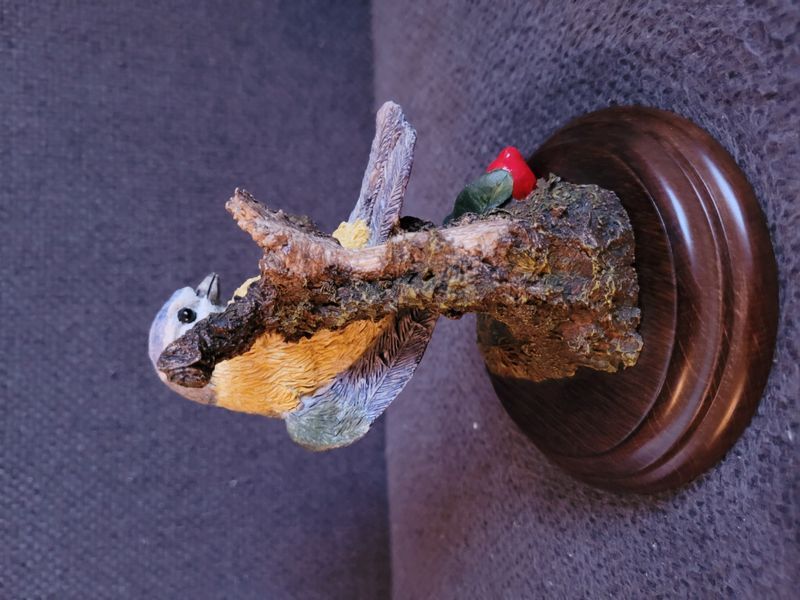 Vintage Ceramic Bird Figurine on Branch with Wooden Base