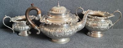 Antique Silver-plated Tea Set Teapot, Sugar Bowl and Creamer