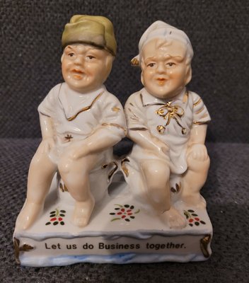 Antique Old Vintage German Pottery Fairing Figurine "let's do business together”