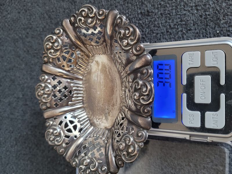 Antique trinket tray sterling silver decorated with beautiful coinage