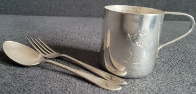 Vintage children's silver-plated mug and silver-plated spoon and fork